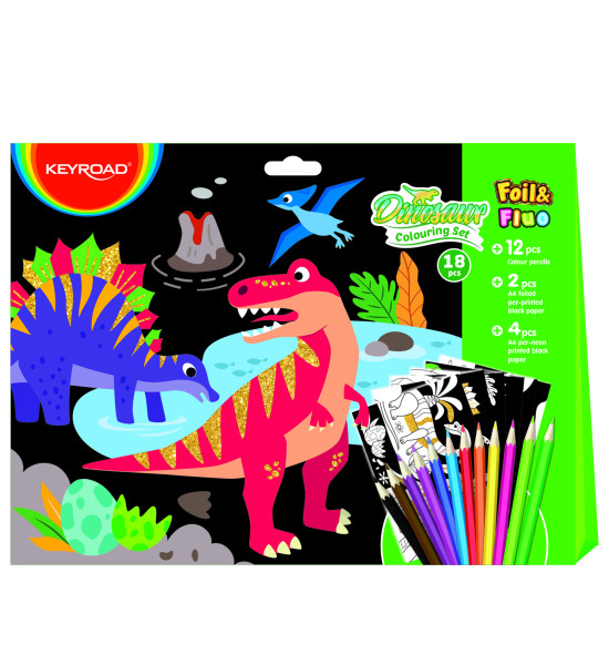 Coloring Set, Foil & Fluo, Dinosaurio, (12x Lapices de Color + 2x Hojas Negras Foil A4 + 4x Hojas Negras Fluo), Set